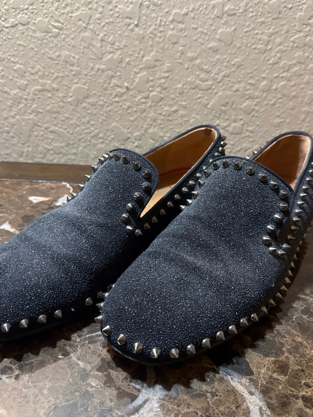 Christian Louboutin Black Studded Velvet Slip-On Loafers